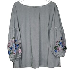Liz Claiborne Blouse Womens XXL Black White Good Striped Floral Embroidered Puff